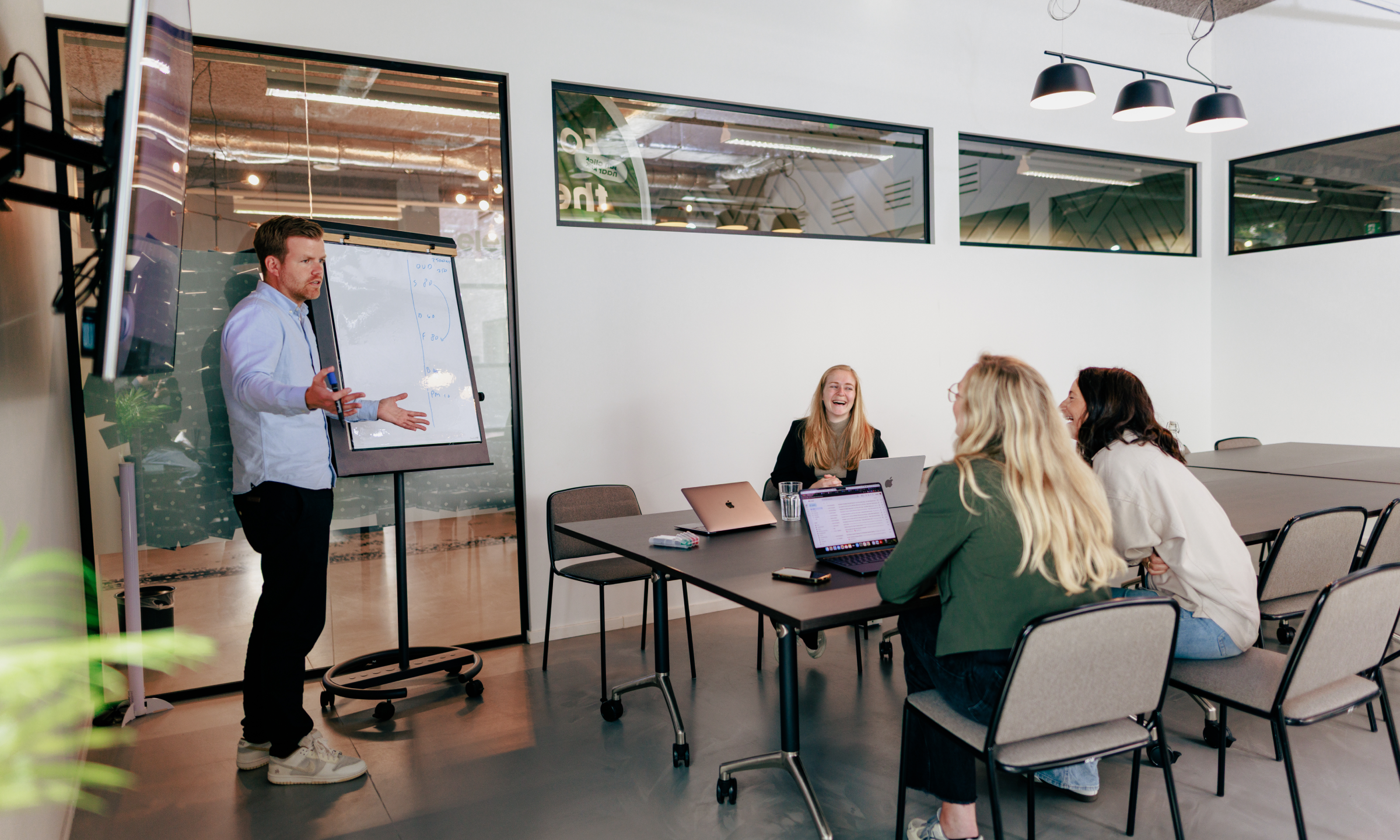 De projectmanagers Ilse, Maritte en Fabian zitten in een overleg